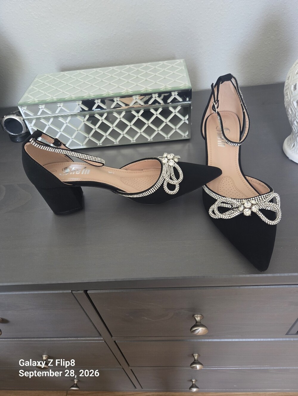 Black Pointed Ankle-Strap Heels with Crystal Bow